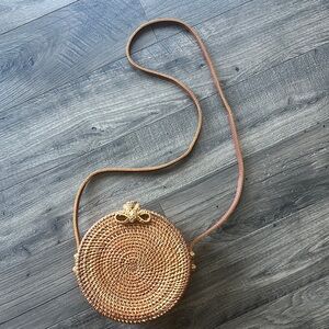 Round Woven Tan Crossbody Bag